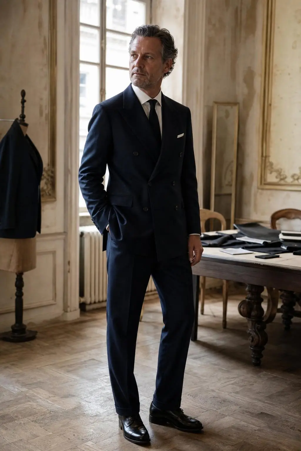 Couture Frock Coat in burgunderrotem Seiden-Jacquard mit Zylinder und Spazierstock